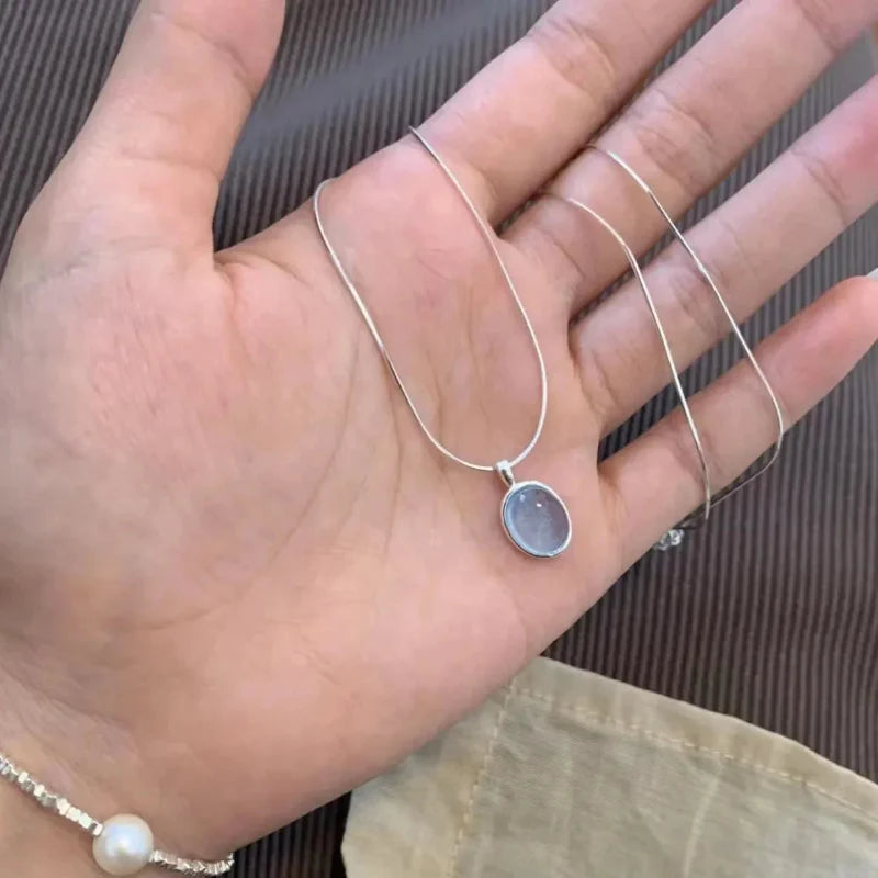 Necklace with Oval Pendant Blue Moonstone