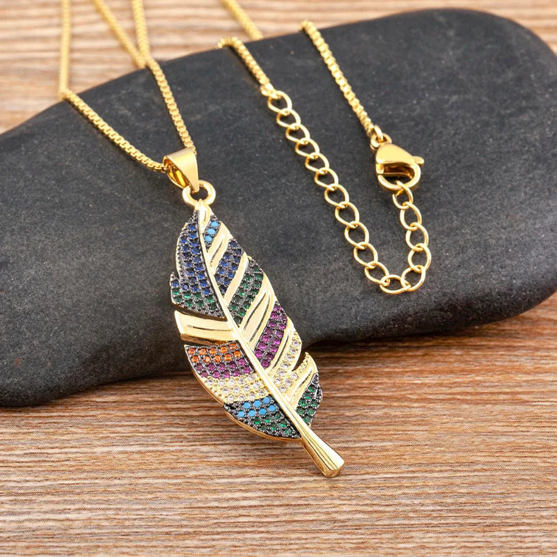 Necklace with Feather and Zircon Pendant