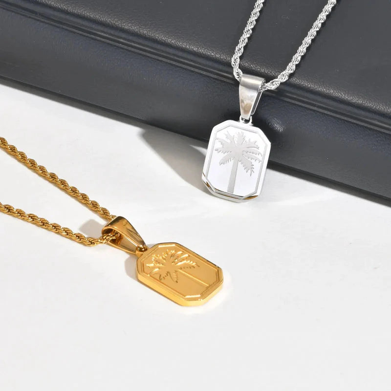 Necklace with Silver Rectangular Palm Tree Pendant