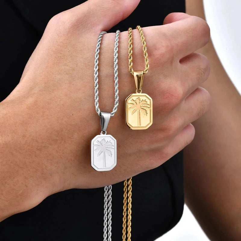 Necklace with Silver Rectangular Palm Tree Pendant
