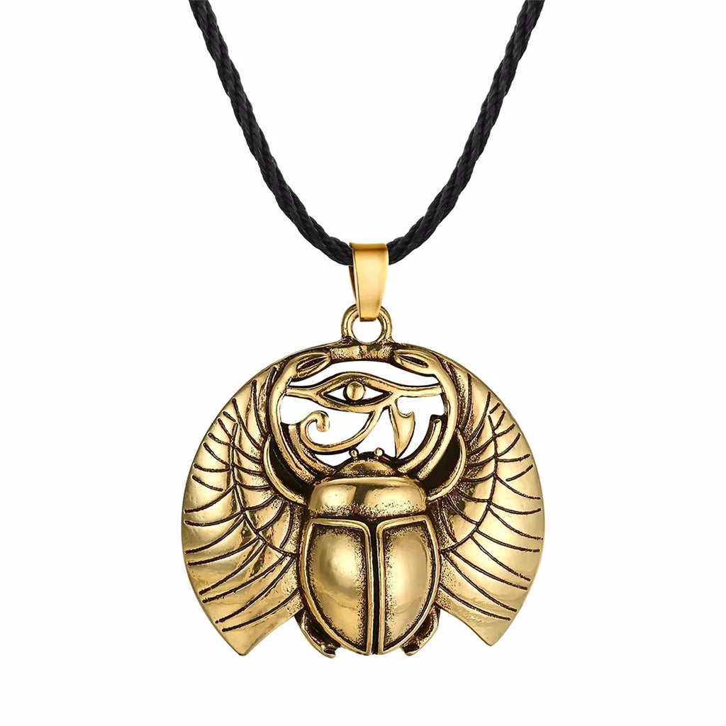 Necklace with Egyptian Scarab and Eye of Horus Pendant in Gold 
