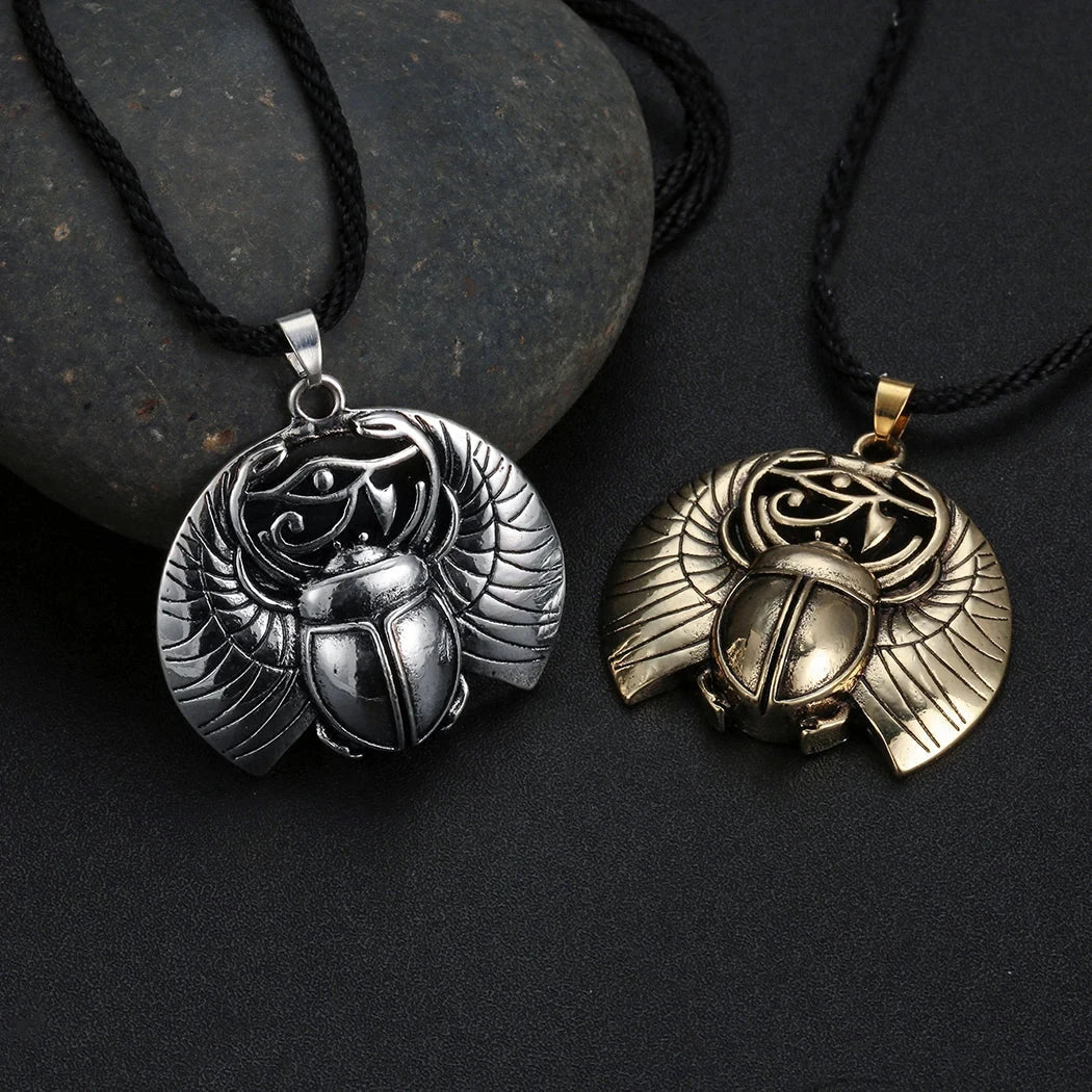 Necklace with Egyptian Scarab and Eye of Horus Pendant in Silver
