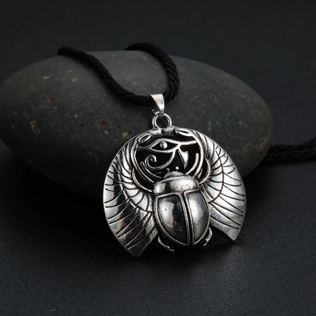 Necklace with Egyptian Scarab and Eye of Horus Pendant in Silver