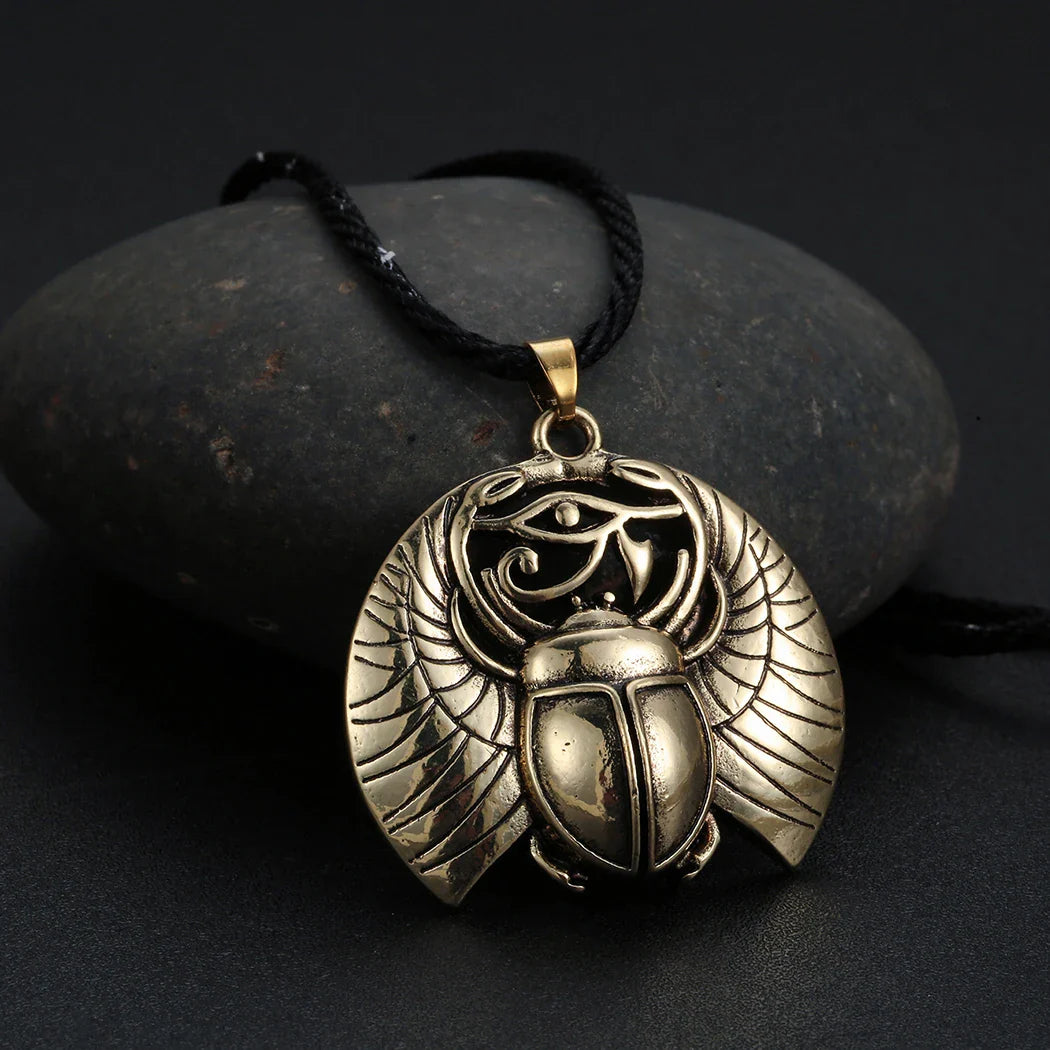 Necklace with Egyptian Scarab and Eye of Horus Pendant in Rose Gold