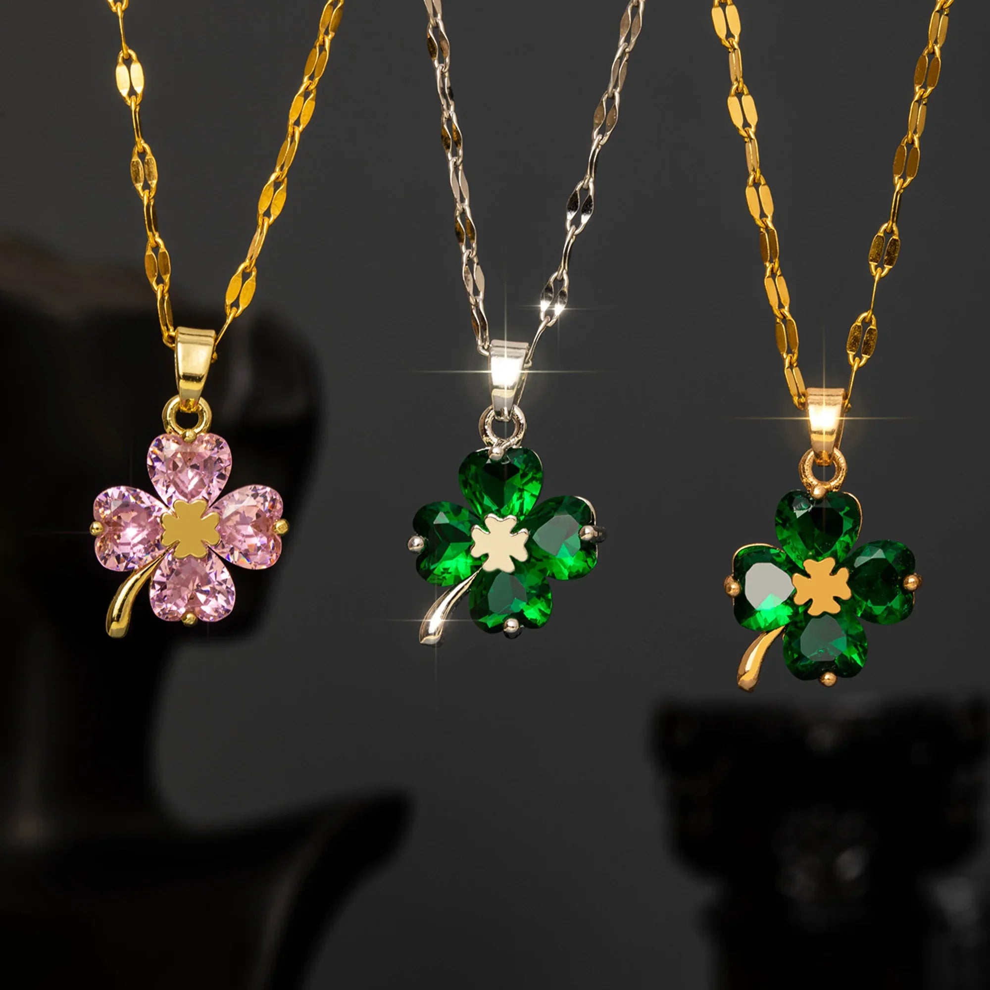 Necklace with Colorful 4-Leaf Clover Pendant silver and green
