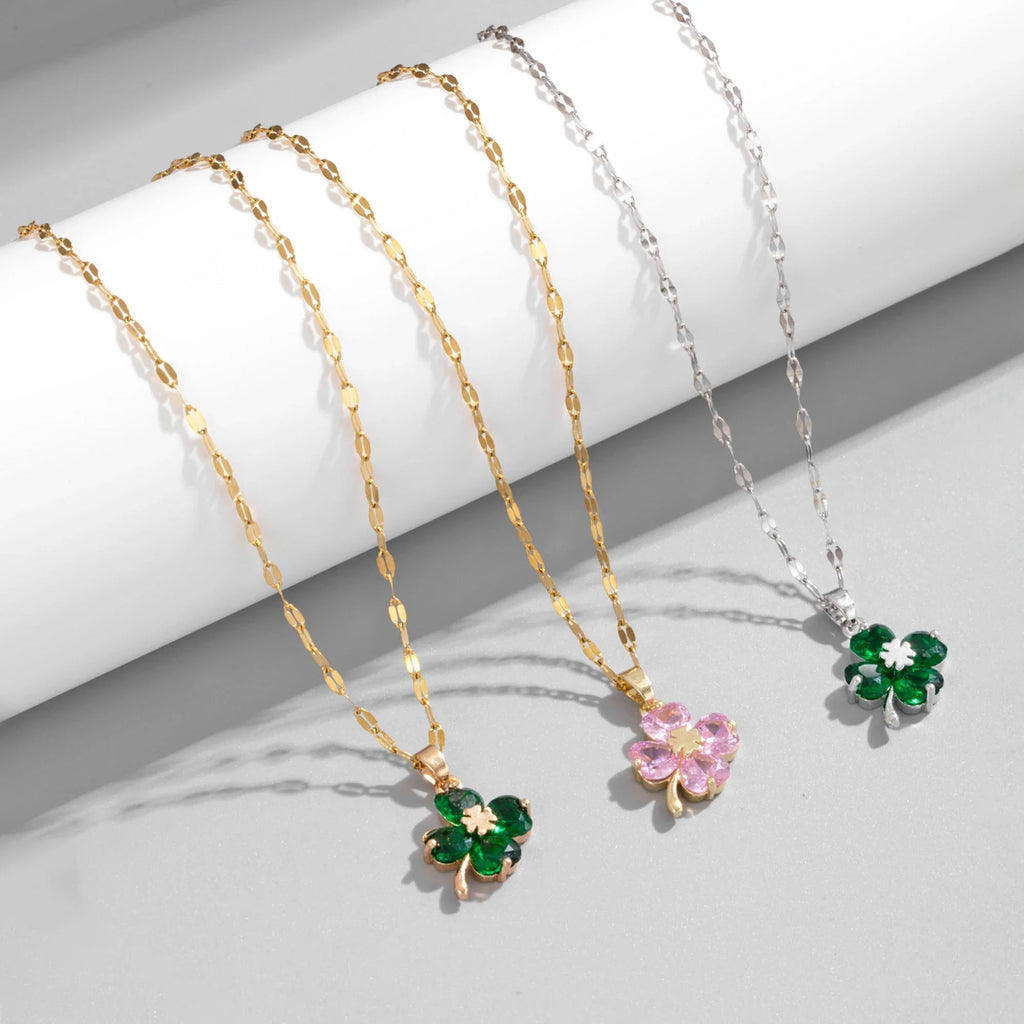 Necklace with Colorful 4-Leaf Clover Pendant silver and gold