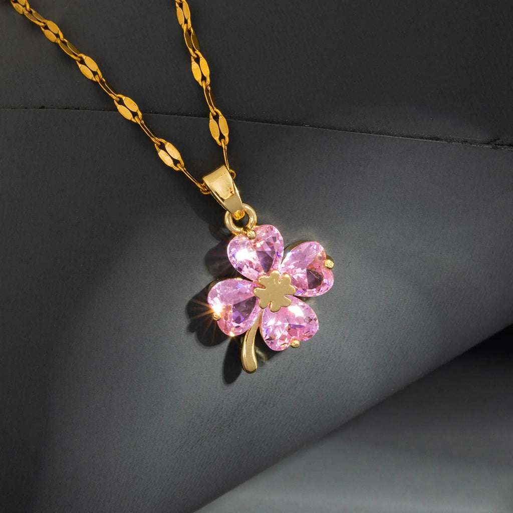 Necklace with Colorful 4-Leaf Clover Pendant gold and rose