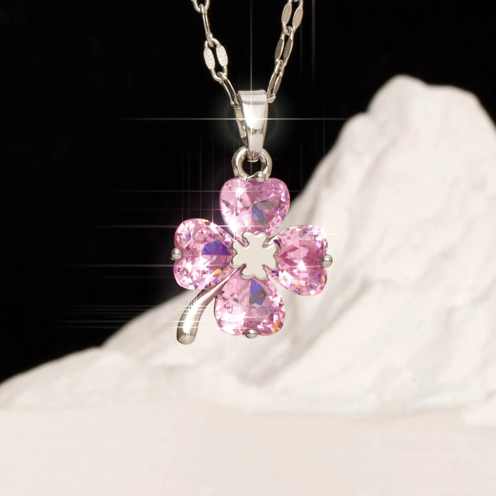 Necklace with Colorful 4-Leaf Clover Pendant silver and rose