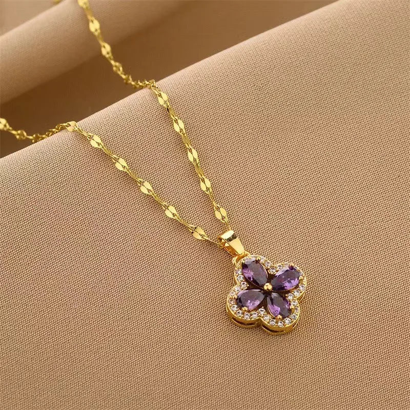 Necklace with Purple Zircon Four-Leaf Clover Pendant