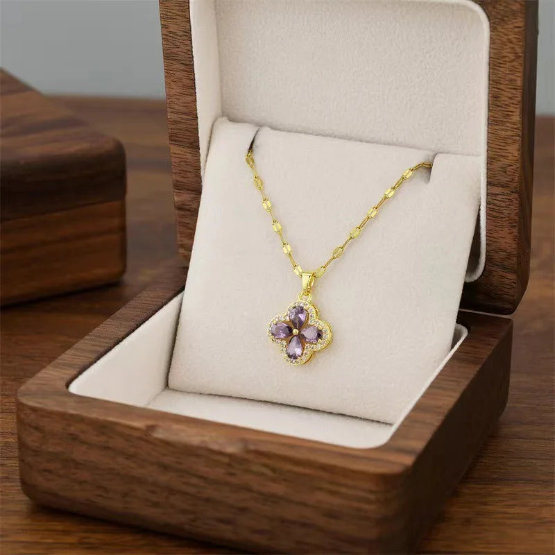 Necklace with Purple Zircon Four-Leaf Clover Pendant
