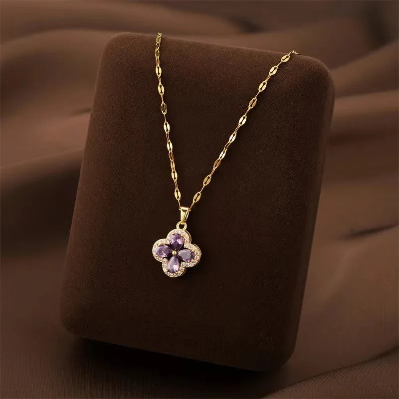 Necklace with Purple Zircon Four-Leaf Clover Pendant