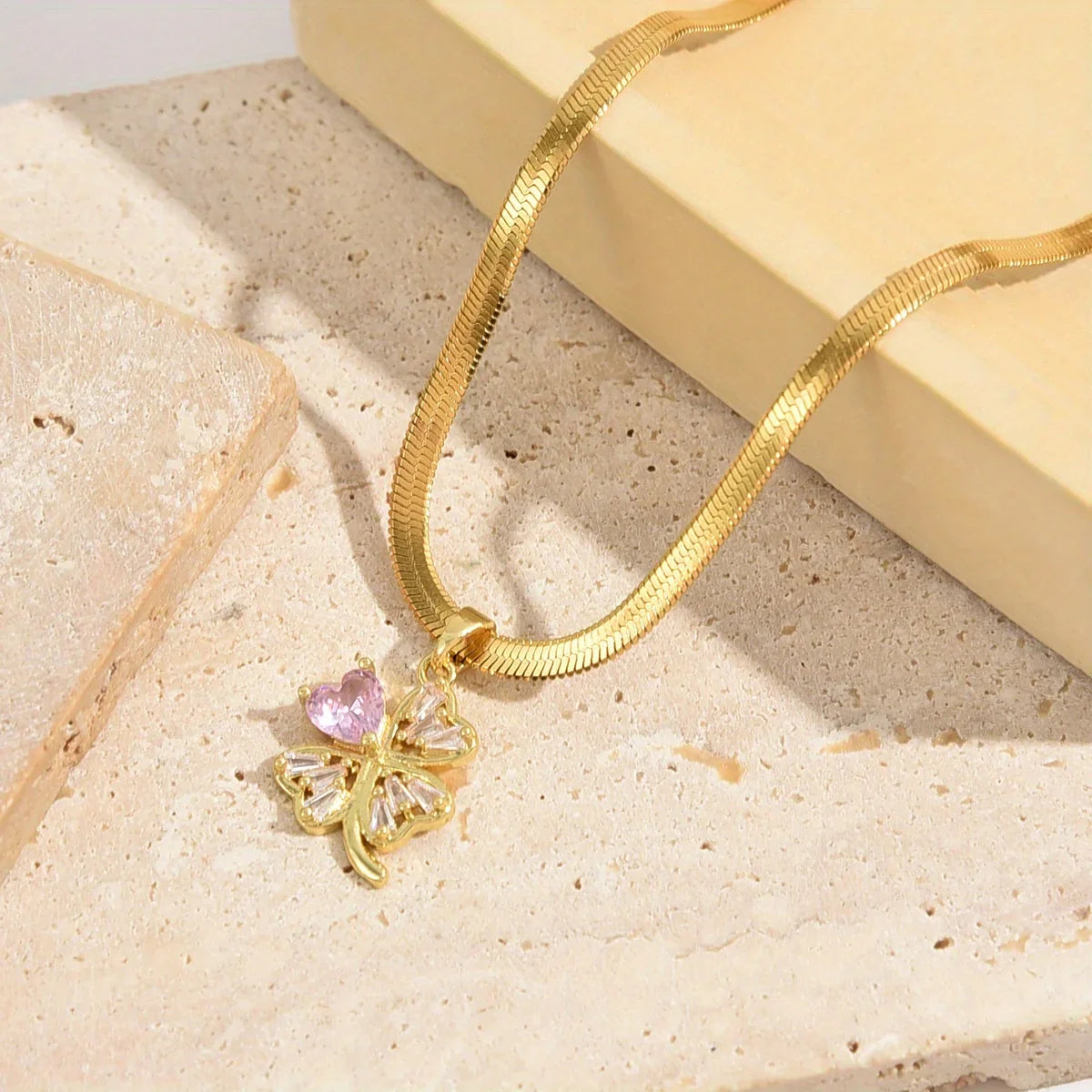 Necklace with Four-Leaf Clover Lucky Charm Pendant and Zircon