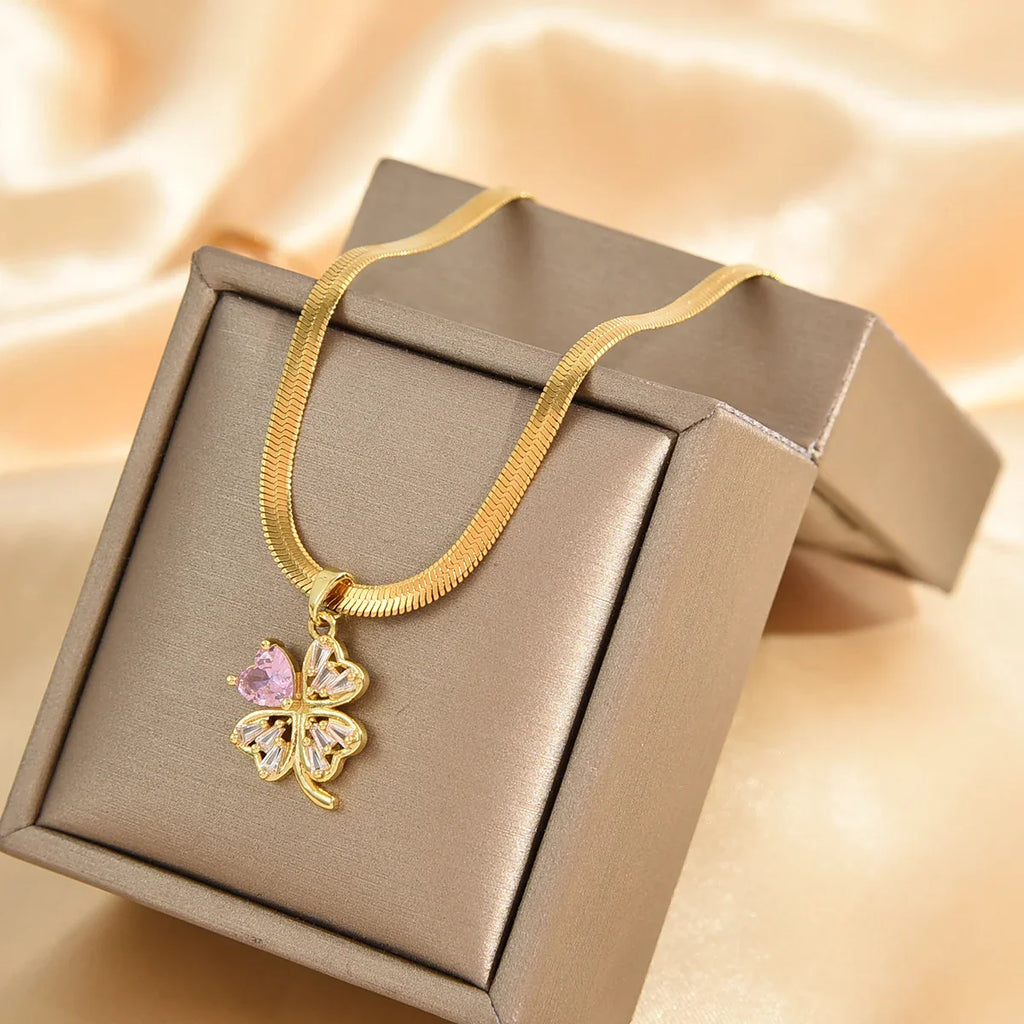Necklace with Four-Leaf Clover Lucky Charm Pendant and Zircon