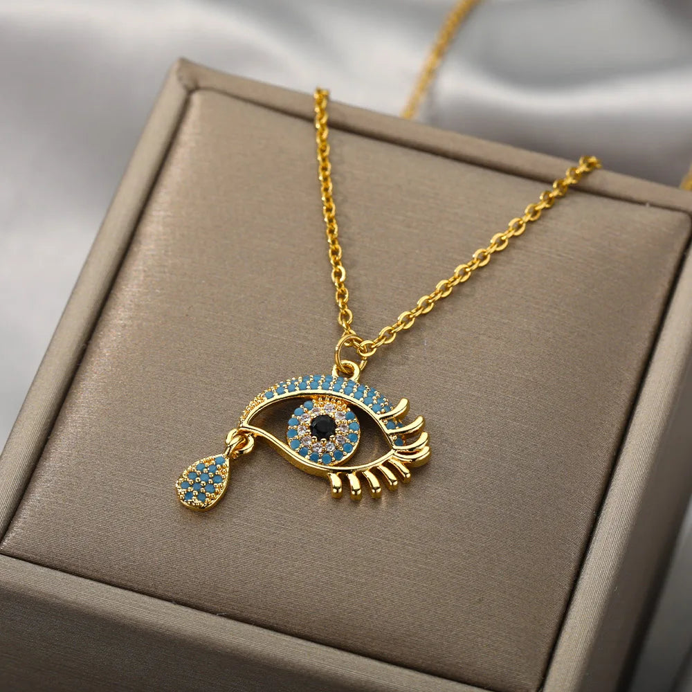 Necklace with Pendant Blue Turkish Evil Eye Zircon Crying Gold