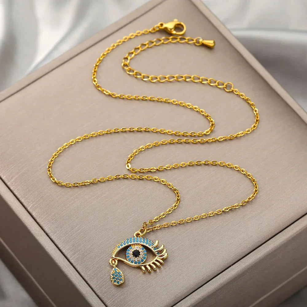Necklace with Pendant Blue Turkish Evil Eye Zircon Crying Gold