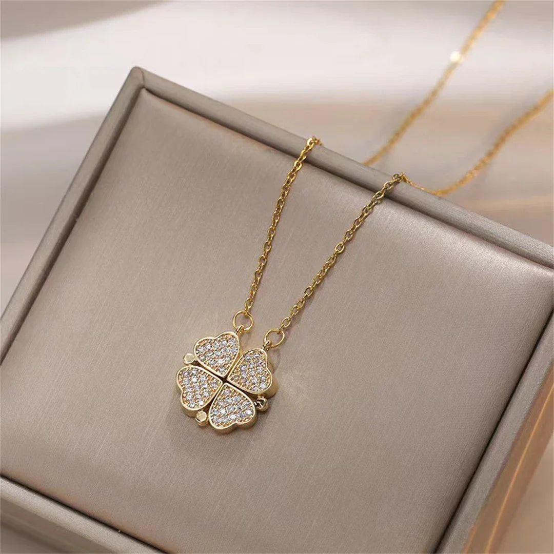 Choker Necklace with Heart Pendants Four-Leaf Clover for Women gold
