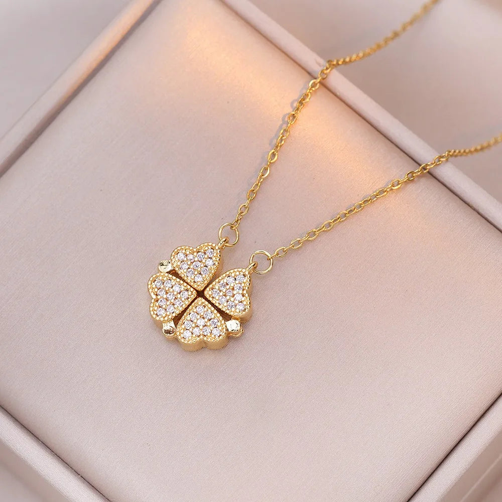 Choker Necklace with Heart Pendants Four-Leaf Clover for Women gold