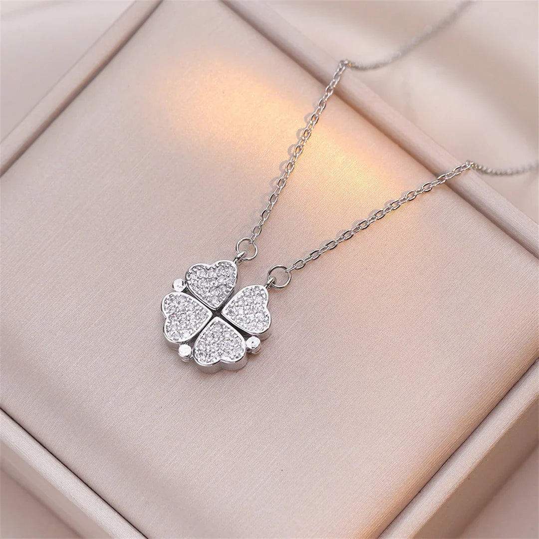 Choker Necklace with Heart Pendants Four-Leaf Clover for Women silver