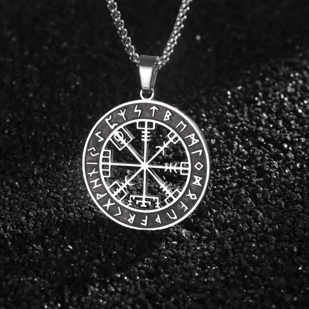 Black Vegvisir Compass Necklace Viking Pendant