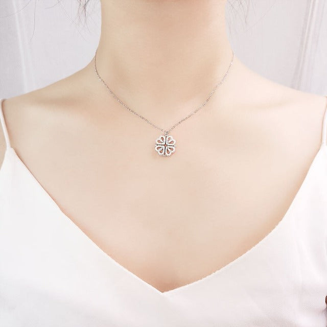 Four-Leaf Clover Heart Necklace Lucky Charm Pendant in Silver