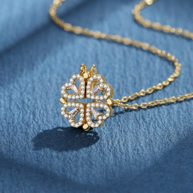 Four-Leaf Clover Heart Necklace Lucky Charm Pendant in Gold