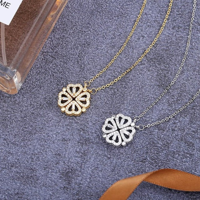 Four-Leaf Clover Heart Necklace Lucky Charm Pendant in Gold and Silver