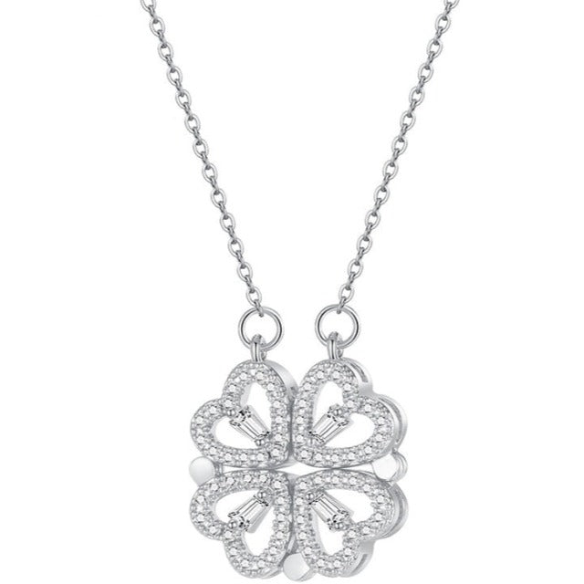Four-Leaf Clover Heart Necklace Lucky Charm Pendant in Silver