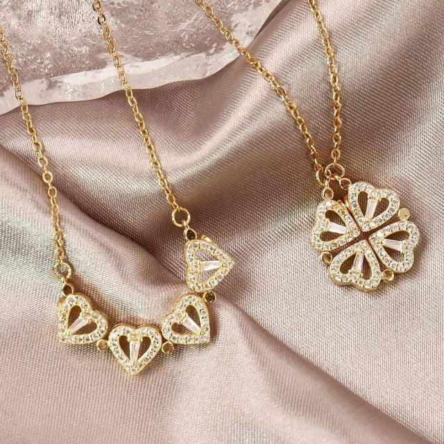Four-Leaf Clover Heart Necklace Lucky Charm Pendant in Gold