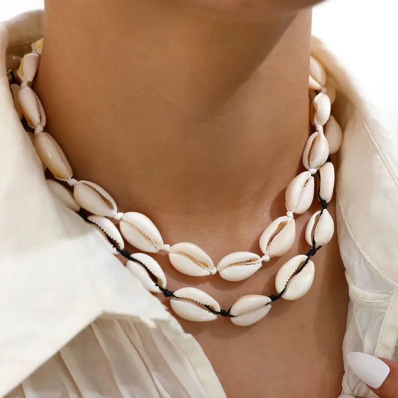 White and white cowrie shell necklace
