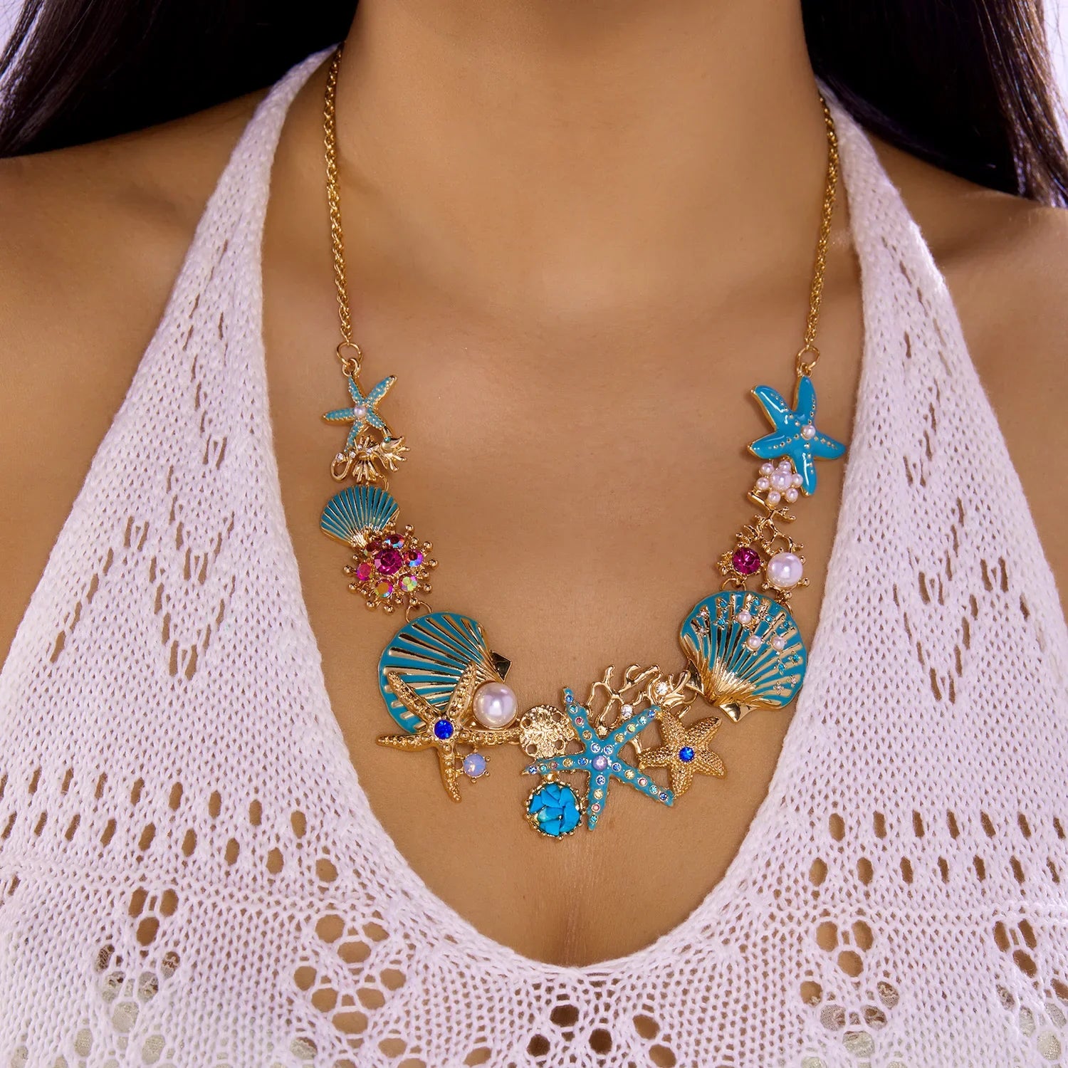 Gold and blue seashell necklace