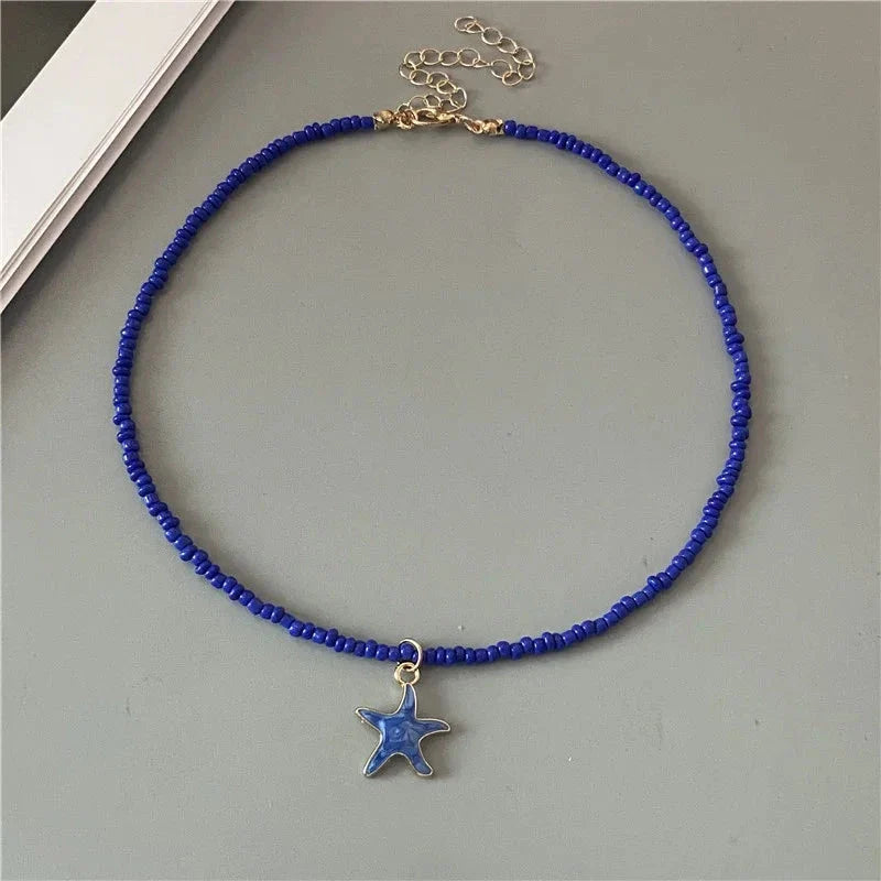 Colorful Blue Shell Starfish Necklace