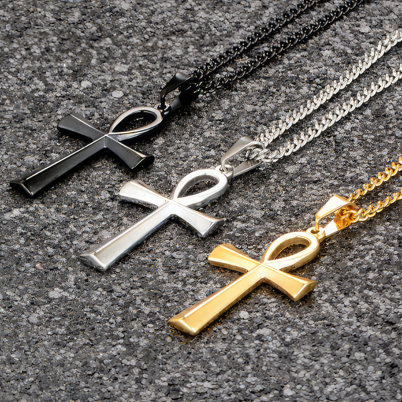 Egyptian Cross Necklace Ankh Pendant Black Silver Gold