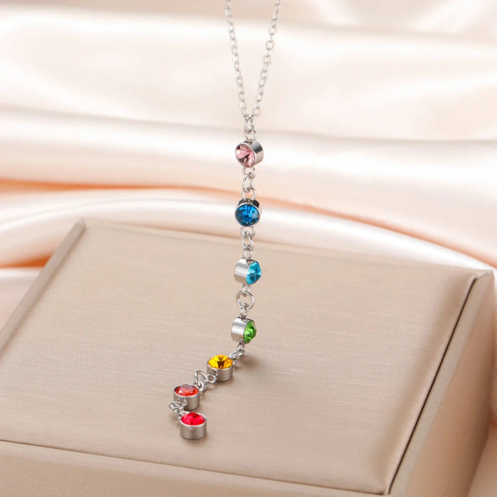 Protective Necklace with Long Pendant in 7 Chakra Stones silver