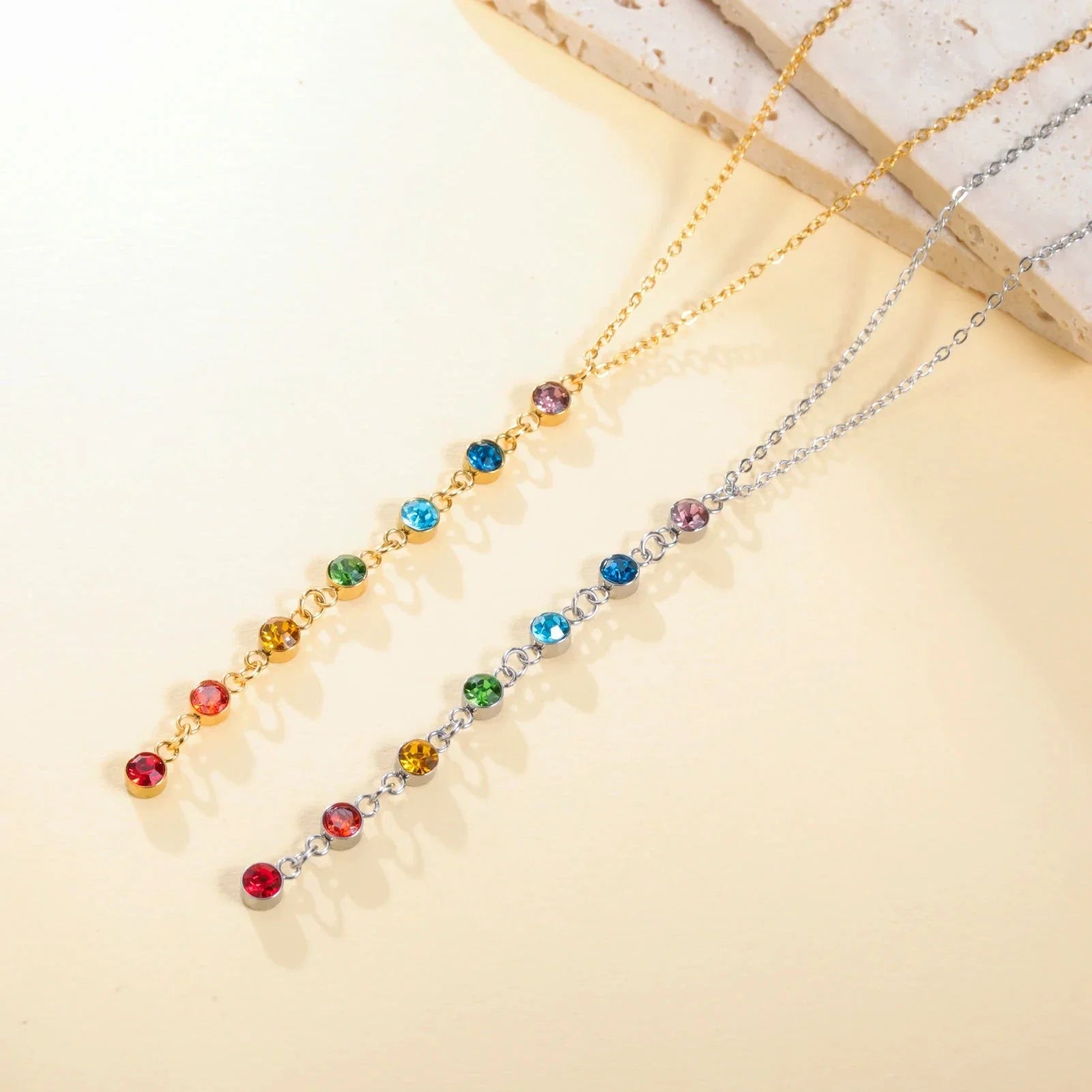 Protective Necklace with Long Pendant in 7 Chakra Stones gold