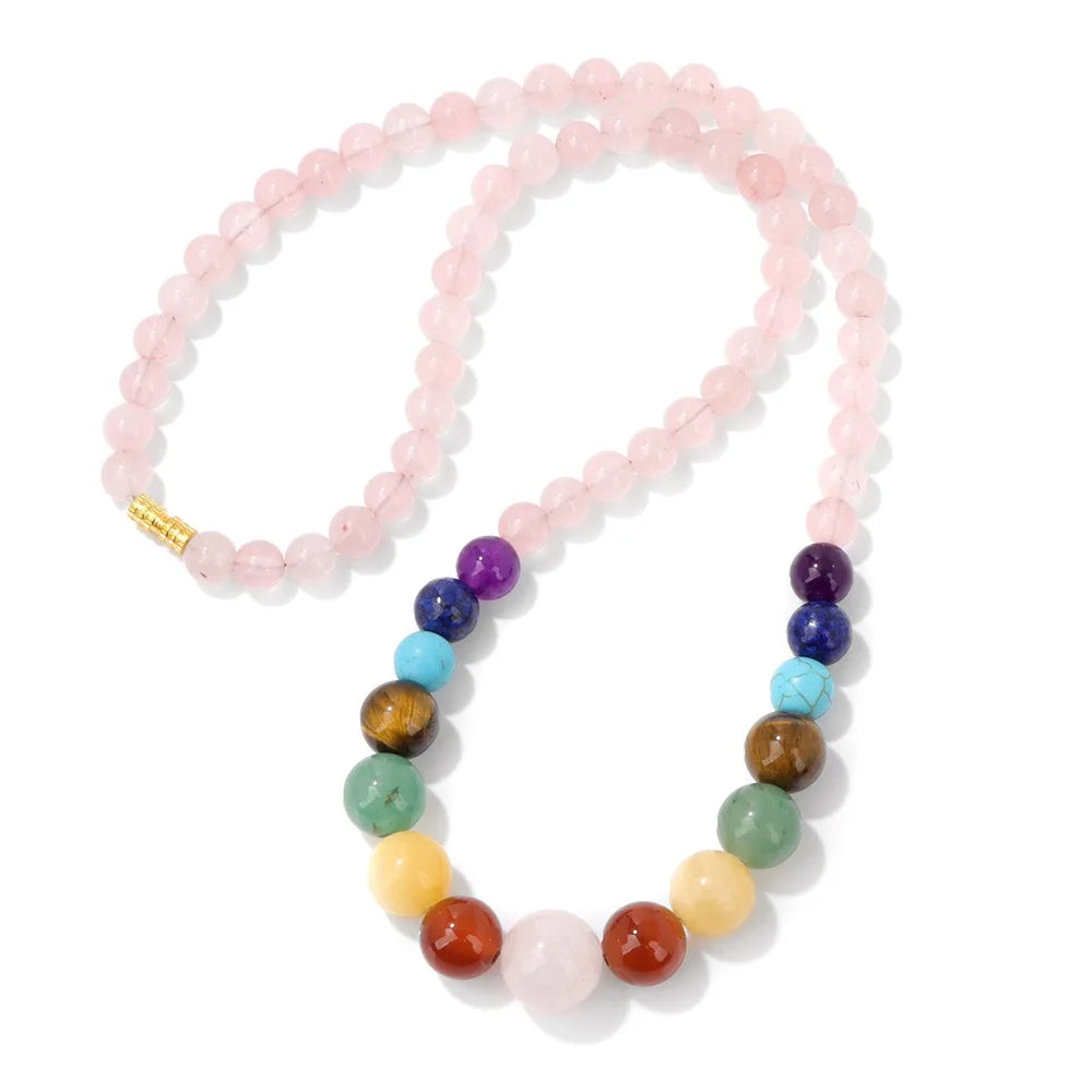 Protection Necklace with 7 Chakra Stone Pendant rose quartz