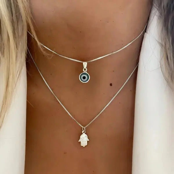 Double Necklace with Blue Turkish Eye and Fatima Hand Pendant Silver