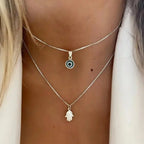 Double Necklace with Blue Turkish Eye and Fatima Hand Pendant Silver