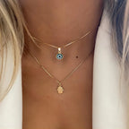 Double Necklace with Blue Turkish Eye and Fatima Hand Pendant Gold