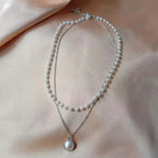 Elegant Double Necklace with Pearl Pendant in silver