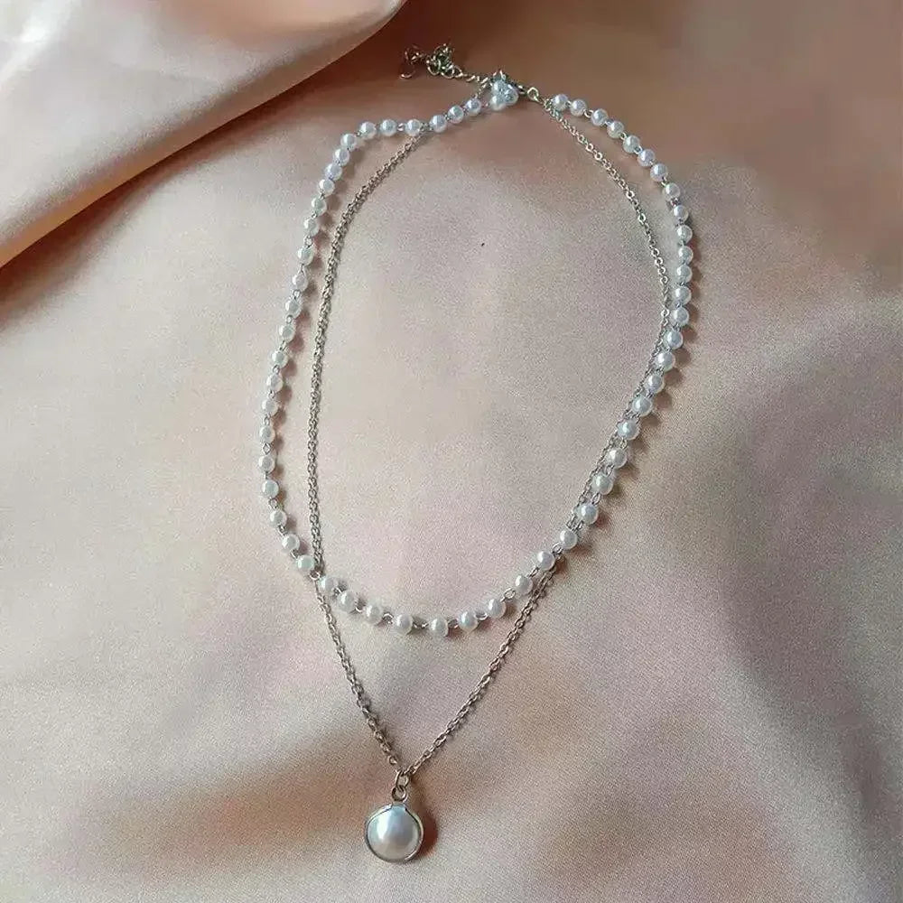 Elegant Double Necklace with Pearl Pendant in silver