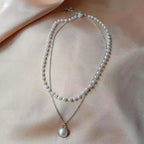 Elegant Double Necklace with Pearl Pendant in silver