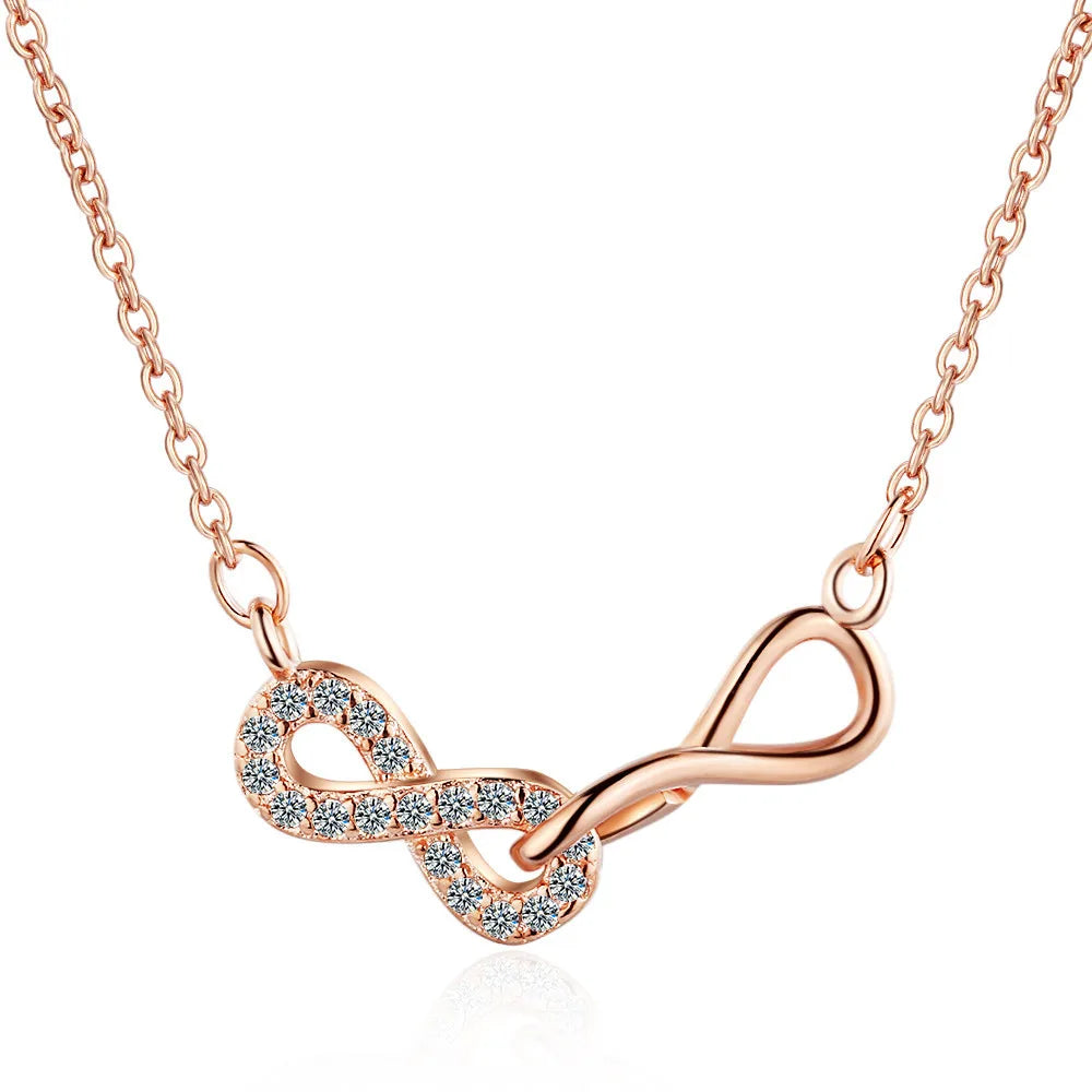 Double Infinity Pendant and Zircon Necklace, Rose Gold