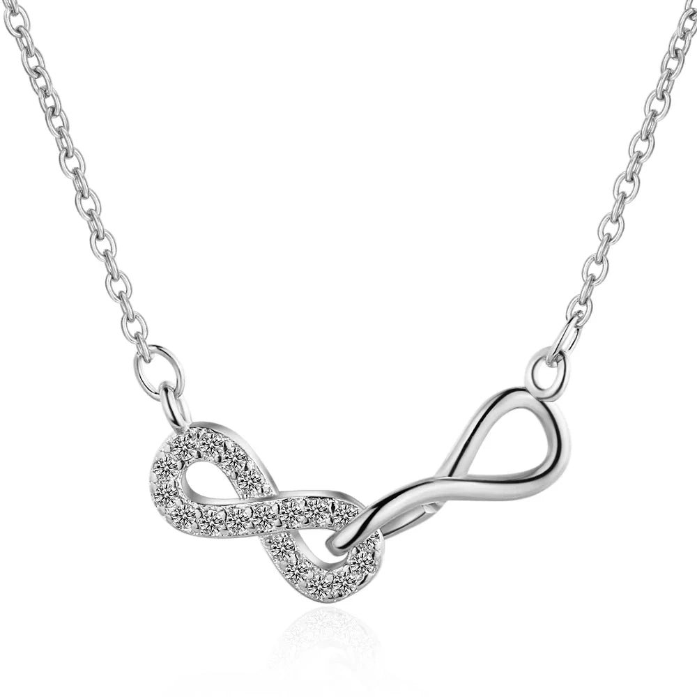 Double Infinity Pendant and Zircon Necklace, Silver