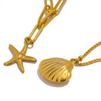 Double-Layer Necklace with Shell Charms, Scallop Shell and Starfish