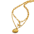 Double-Layer Necklace with Shell Charms, Scallop Shell and Starfish