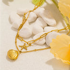 Double-Layer Necklace with Shell Charms, Scallop Shell and Starfish