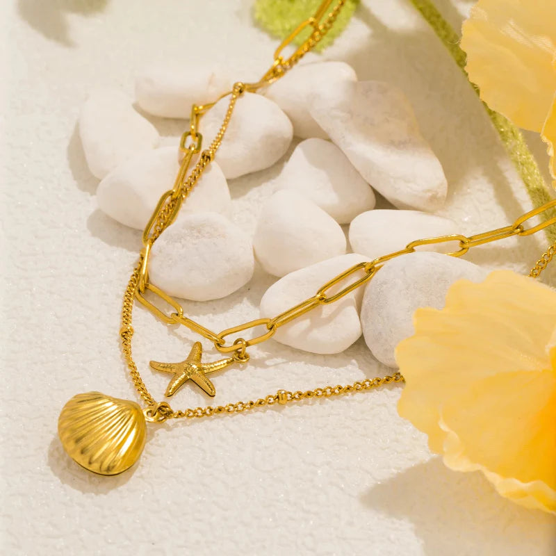 Double-Layer Necklace with Shell Charms, Scallop Shell and Starfish