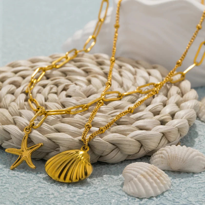 Double-Layer Necklace with Shell Charms, Scallop Shell and Starfish