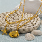 Double-Layer Necklace with Shell Charms, Scallop Shell and Starfish