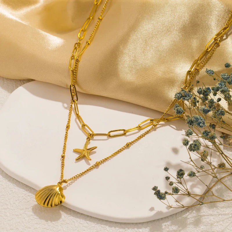 Double-Layer Necklace with Shell Charms, Scallop Shell and Starfish